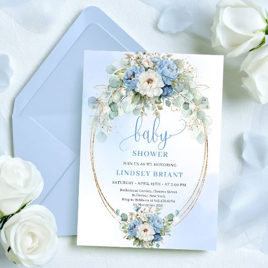 Invitation Trendy Light Blue Flowers Greenery Baby Shower 