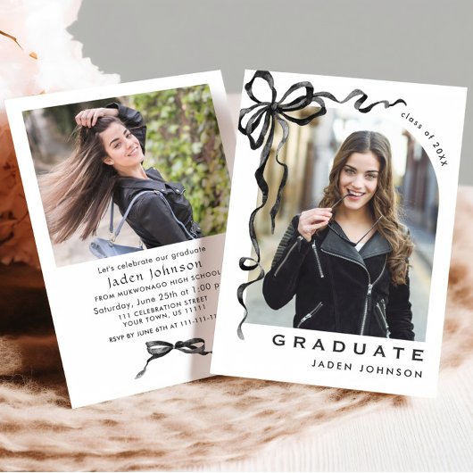 Invitation Trendy Neutral Bow Ribbon 2 PHOTO Graduation Party