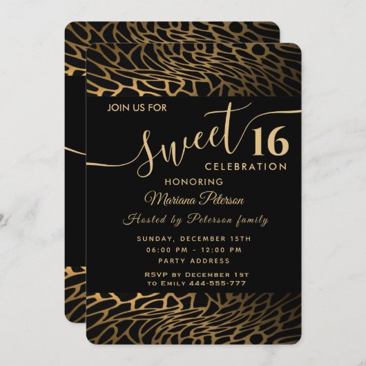 Invitation Trendy or noir abstrait léopard doux 16 (Devant / Derrière)