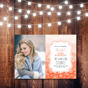 Invitation Trendy Orange Stripes Floral Frame Photo Anniversa