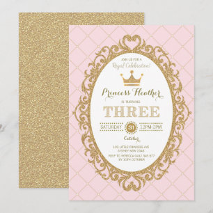 Invitation Trendy Pink Gold Crown Princess 3e fête d'annivers