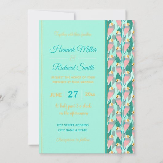 Invitation Trendy Pink Rainbow Finch Bird & Green Foliage (Devant)
