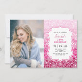 Invitation Trendy Pink Stripes Floral Frame Photo Anniversair (Devant)