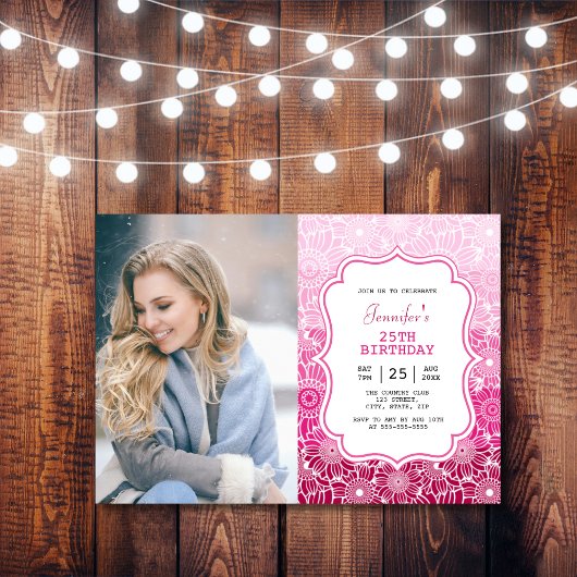 Invitation Trendy Pink Stripes Floral Frame Photo Anniversair