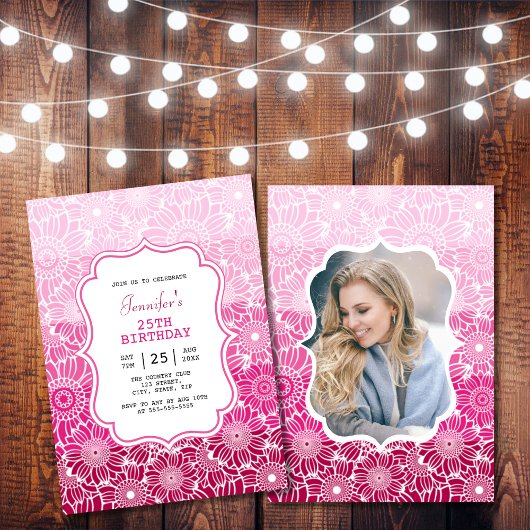Invitation Trendy Pink Stripes Floral Photo Anniversaire