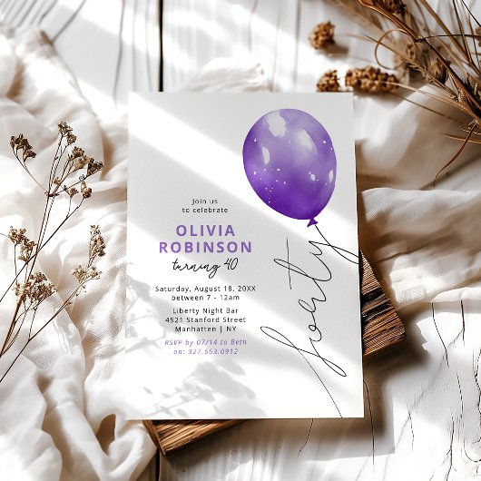 Invitation Trendy Purple Balloon 40th Birthday