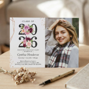 Invitation Trendy Purple Floral Rose Gold Photo Graduation