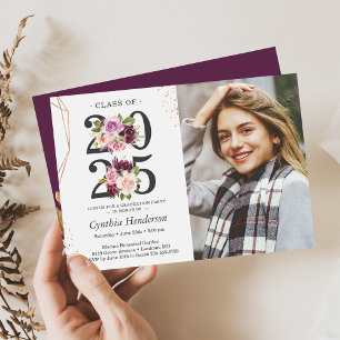 Invitation Trendy Purple Floral Rose Gold Photo Graduation