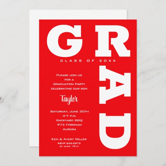 Invitation Trendy Red and White Graduation (Devant / Derrière)