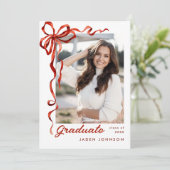 Invitation Trendy Red Bow Ribbon 2 PHOTO Graduation Party (Debout devant)