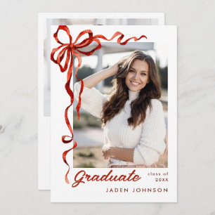 Invitation Trendy Red Bow Ribbon 2 PHOTO Graduation Party