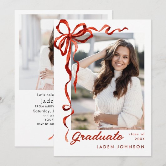 Invitation Trendy Red Bow Ribbon 2 PHOTO Graduation Party (Devant / Derrière)