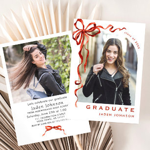 Invitation Trendy Red Bow Ribbon 2 PHOTO Graduation Party