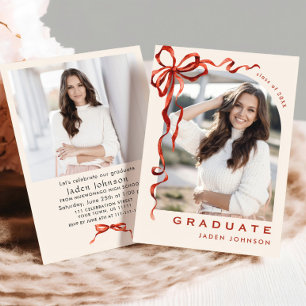Invitation Trendy Red Bow Ribbon 2 PHOTO Graduation Party