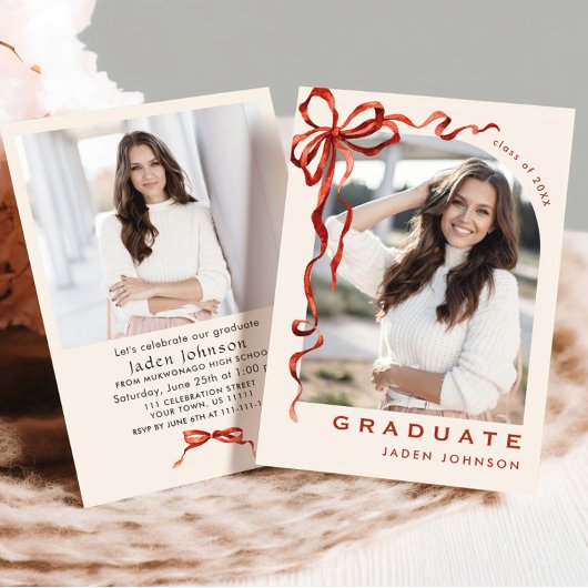 Invitation Trendy Red Bow Ribbon 2 PHOTO Graduation Party