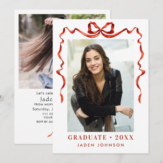Invitation Trendy Red Bow Ribbon 2 PHOTO Graduation Party (Devant / Derrière)