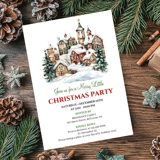 Invitation Trendy red green Christmas scene festive 