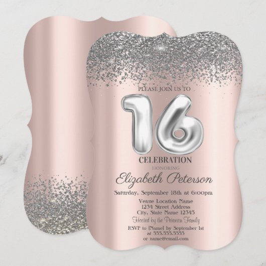 Invitation Trendy Silver Diamonds Rose Gold Douze Ans (Devant / Derrière)