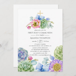 Invitation Trendy Succulent Floral First Holy Communion