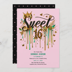 Invitation Trendy Sweet 16 Empreinte de léopard Vert rose or