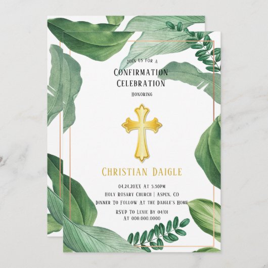 Invitation Trendygreenery Gold Cross Confirmation Célébration (Devant / Derrière)