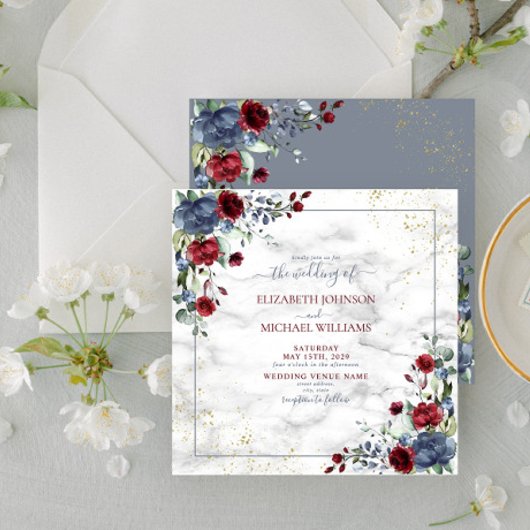 Invitation TrendyLight Dusty Blue Bourgogne Gold Floral Carré