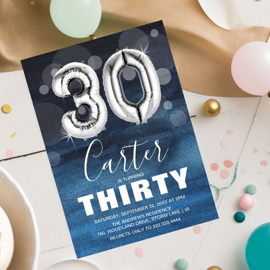 Invitation Trente Anniversaire Ballons d'Argent | Blue Party