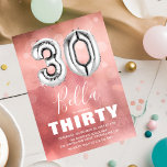 Invitation Trente Anniversaire Ballons d'Argent | Fille rose<br><div class="desc">Invitation moderne de fête du trentième anniversaire conçu avec un arrière - plan rose aquarelle sombre,  confetti de bulle transparente,  et un grand nombre d'argent trente ballon hélium. Le nom est écrit en gros calligraphie texte blanc avec un simple modèle d'anniversaire en dessous qui est facile à customiser.</div>