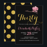 Invitation Trente ans glamour or noir pois floral<br><div class="desc">Invitation de fête d'anniversaire chic et glamour pour les trente ans sur fond noir avec une écriture (modifiable) faussement dorée et brillante comme un pinceau, accompagnée d'une délicate fleur de magnolia en aquarelle rose pâle et de grands pois dorés au verso. Remplissez votre âge / informations dans les espaces prévus,...</div>
