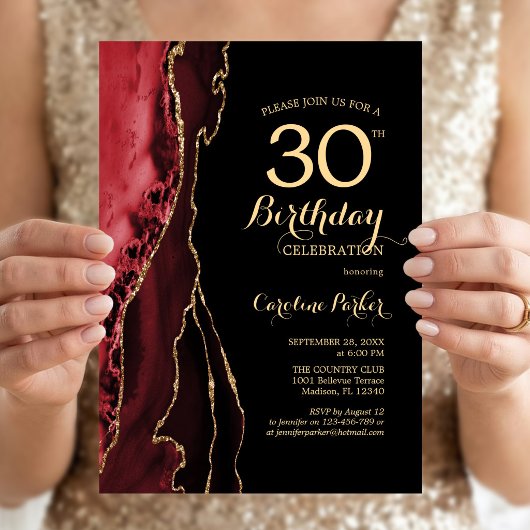 Invitation Trente ans Rouge Agate Or Noir