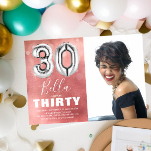 Invitation Trente Ballon Argent Rose Photo 30e Anniversaire