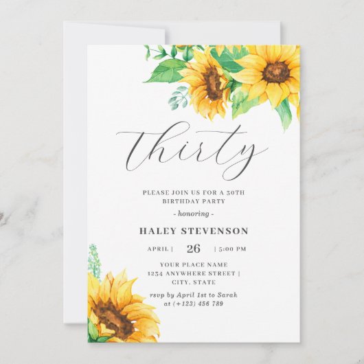 Invitation Trente chic tournesol jaune floral 30e anniversair (Devant)