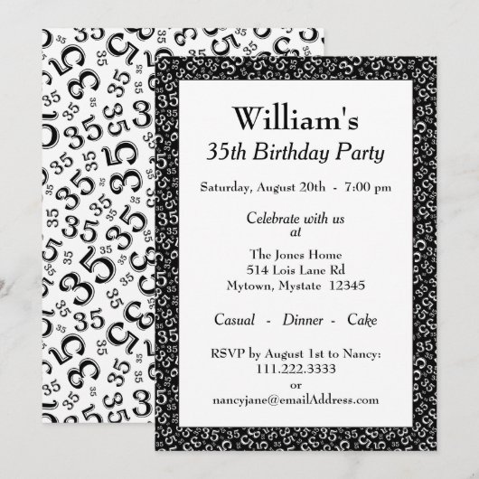 Invitation trente-cinquième Motif noir et blanc de fête (Devant / Derrière)