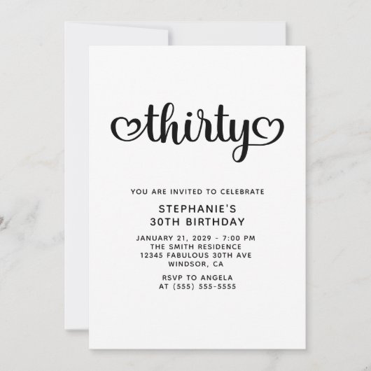 Invitation Trente Coeurs mignons Script 30e anniversaire (Devant)