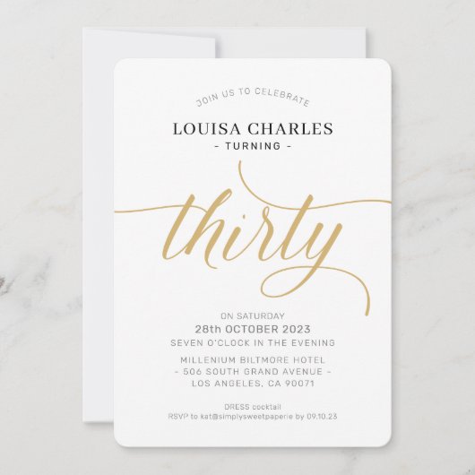 Invitation TRENTE élégant anniversaire chic script or moderne (Devant)