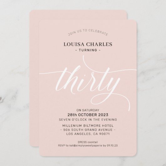 Invitation TRENTE élégant anniversaire chic script rose (Devant / Derrière)