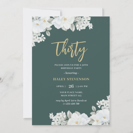 Invitation Trente Emerald Green & Or Blanc Floral Anniversair (Devant)