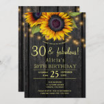 Invitation Trente fabuleux tournesols d'or grange de campagne<br><div class="desc">Soirée rustique de trentième anniversaire modèle d'invitation élégante sur arrière - plan de bois de grange brun foncé avec de grands bouquets de tournesols jaunes en or, des cordes de lumières scintillantes et un faux script de typographie or. Facilité de personnalisation avec vos détails! Vous pouvez choisir de le customiser...</div>