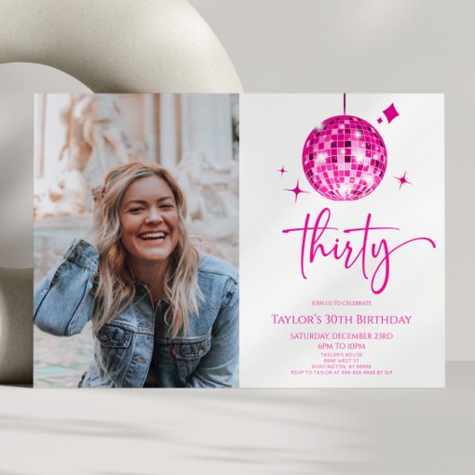 Invitation Trente Pink Disco Ball Photo 30e Anniversaire