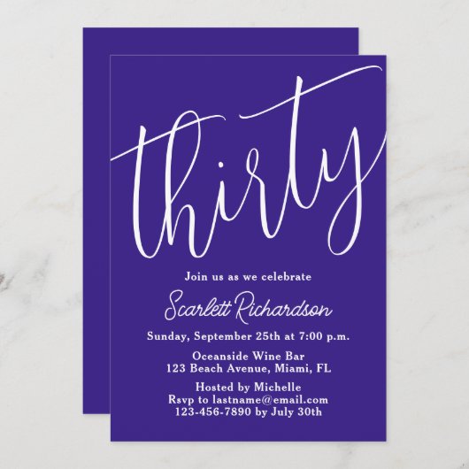 Invitation Trente Script moderne violet 30e fête d'anniversai (Devant / Derrière)