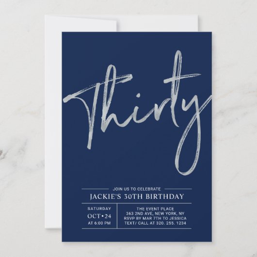 Invitation Trente | Silver & Blue Modern 30th Birthday Party (Devant)