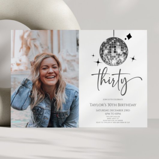 Invitation Trente Silver Disco Ball Photo 30e Anniversaire