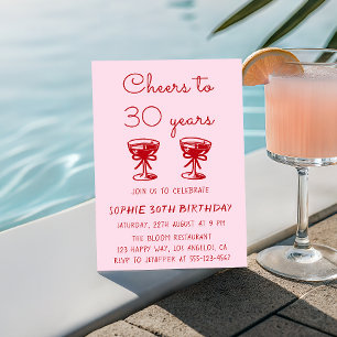 Invitation Trentième Anniversaire Élégant Cocktail Rouge & Ro