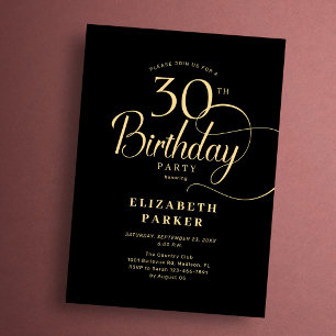 Invitation Trentième Anniversaire Élégant Simple Noir Or Scri