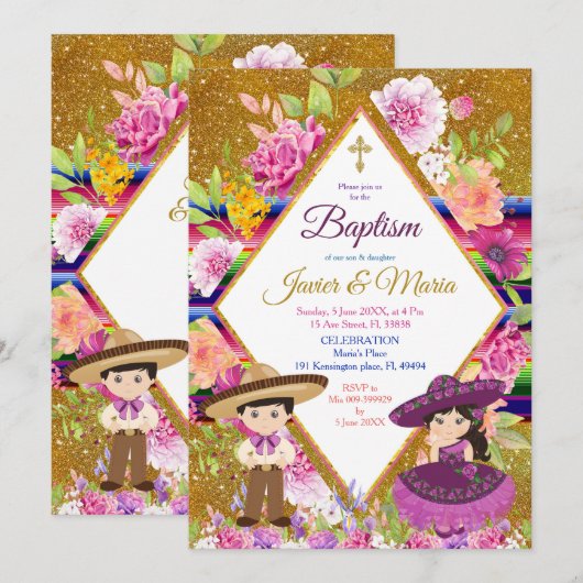 Invitation Tres Anos Purple Mexicain Fiesta Baptême Invitatio (Devant / Derrière)