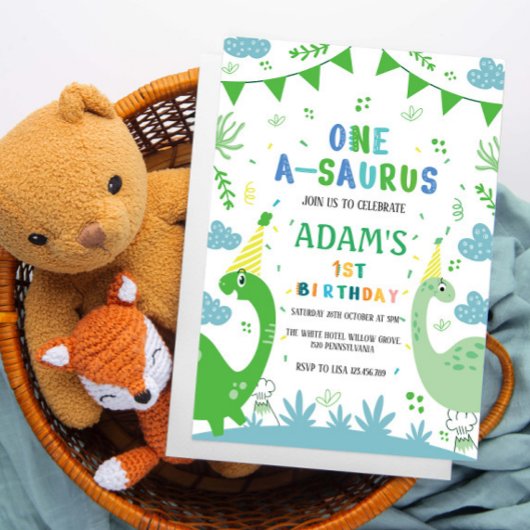 Invitation Très beau premier anniversaire Dinosaur vert
