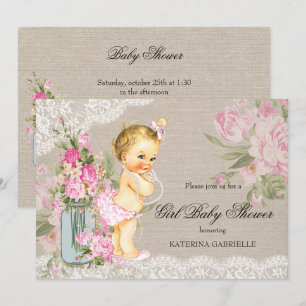 Invitation Très démodé dentelle floral Fille Baby Shower Blon