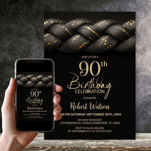 Invitation Tresse d'or gris 90e fête d'anniversaire