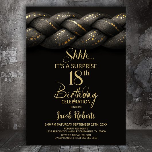 Invitation Tresse d'or gris Surprise 18e fête d'anniversaire
