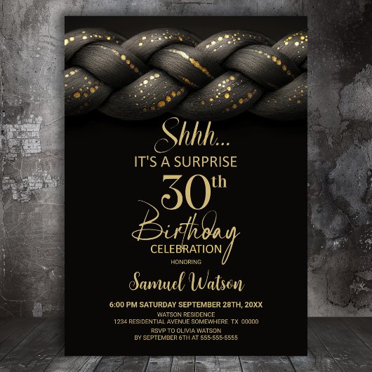 Invitation Tresse d'or gris Surprise 30e fête d'anniversaire
